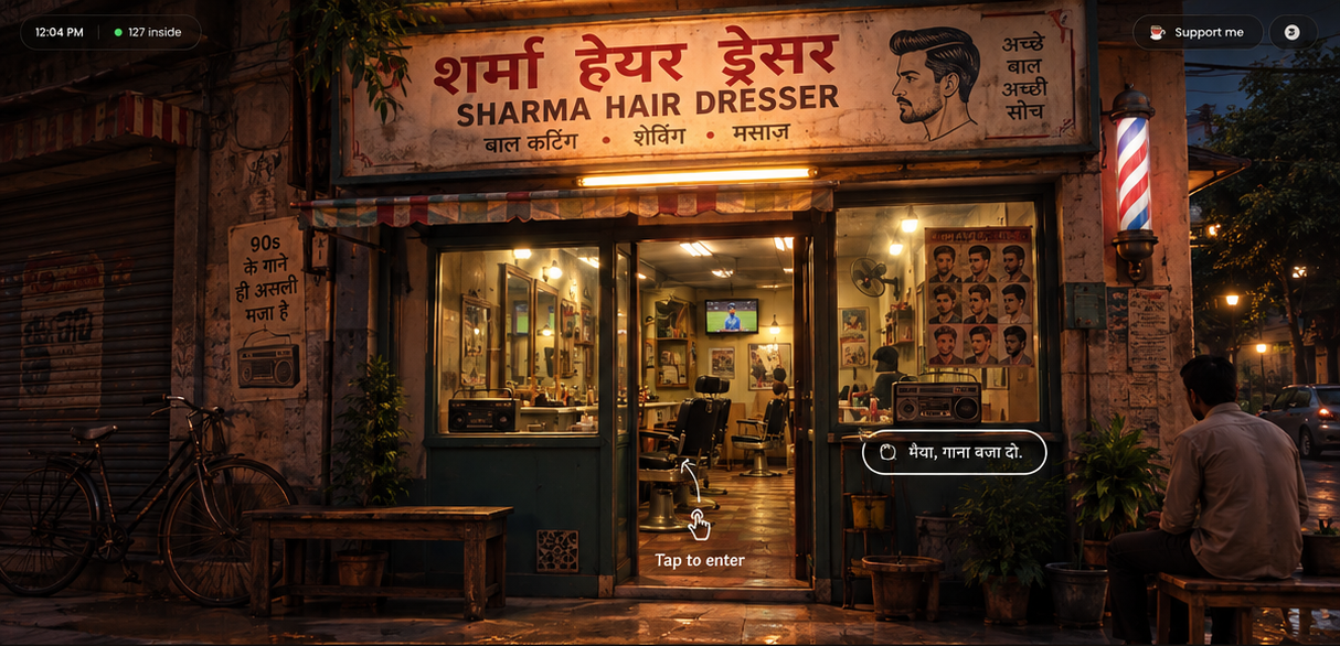 Sharma Hair Dresser — an Indian neighbourhood barber shop at night, warm interior light spilling onto a wet street